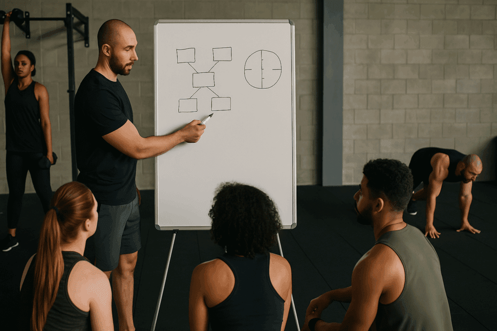 Boost Strength and Stamina with High Intensity Upper Body Exercises: How Upper Body HIIT Enhances Performance and Endurance Naturally 5 Trainer explaining a whiteboard HIIT workout plan to a group while athletes perform high intensity upper body exercises like dumbbell presses and mountain climbers in a gym.