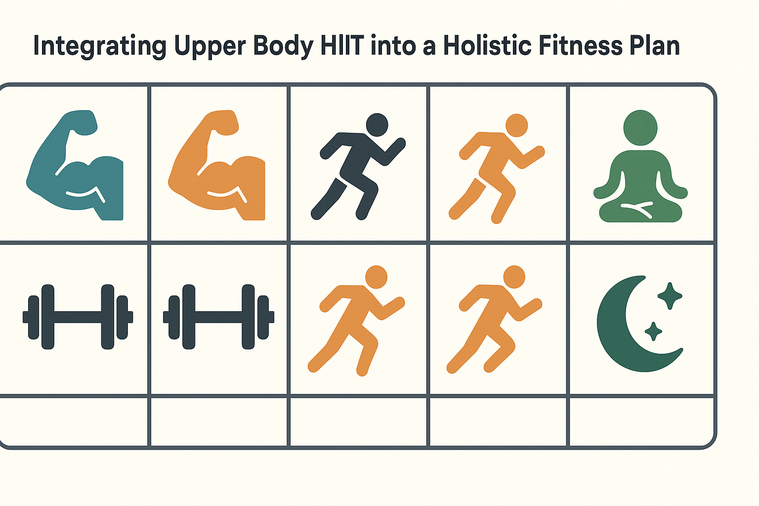 Boost Strength and Stamina with High Intensity Upper Body Exercises: How Upper Body HIIT Enhances Performance and Endurance Naturally 6 Weekly fitness planner illustrating a balanced routine of high intensity upper body exercises, lower body strength training, cardio sessions, and recovery activities with colorful icons.