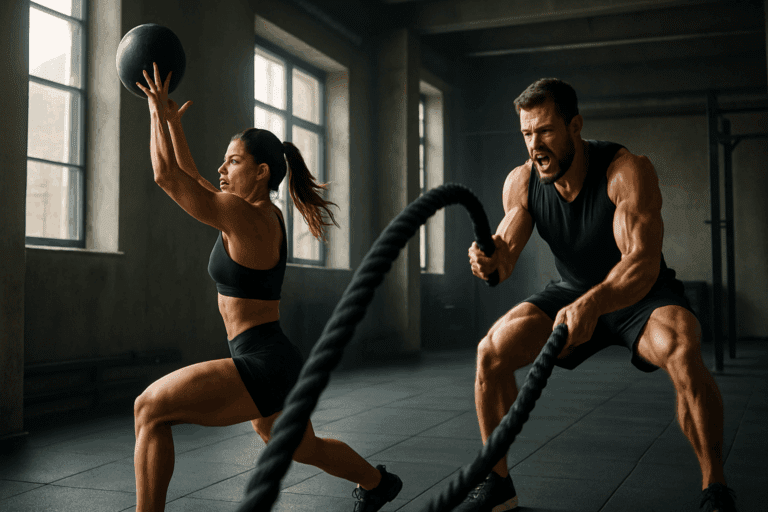 Athletic man and woman performing high intensity upper body exercises with battle ropes and medicine ball in a modern gym.