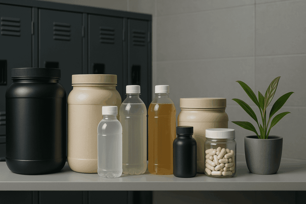 Boost Your Athletic Edge Naturally: How Nutritional Sports Supplements Can Support Endurance and Performance 1 Shelf in a modern gym locker room displaying nutritional sports supplements including protein powders, hydration drinks, and plant-based capsules in minimalist containers