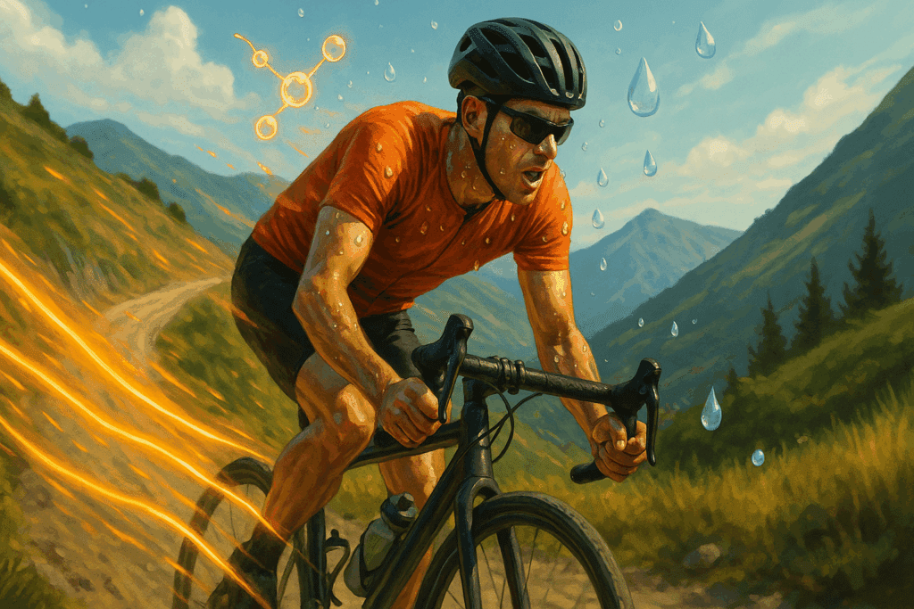 Boost Your Athletic Edge Naturally: How Nutritional Sports Supplements Can Support Endurance and Performance 2 Cyclist powering uphill through scenic mountains, energized and hydrated—symbolizing the effects of nutritional sports supplements on endurance.