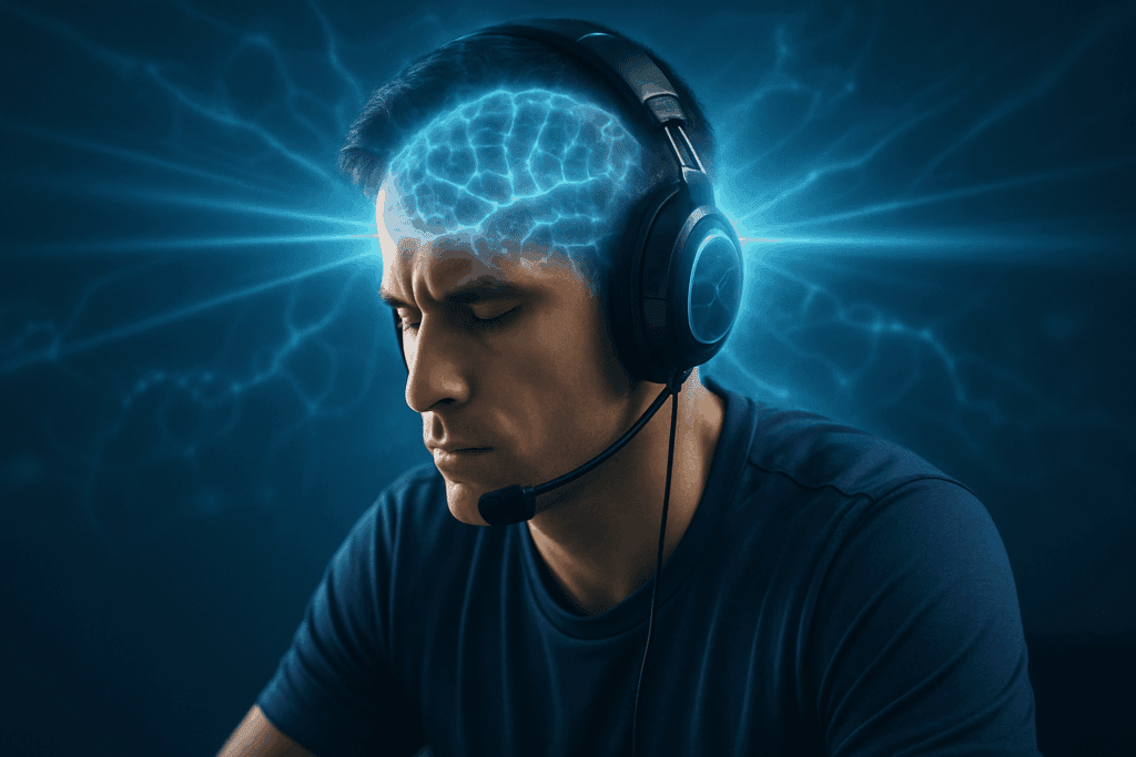 Boost Your Athletic Edge Naturally: How Nutritional Sports Supplements Can Support Endurance and Performance 4 Focused esports athlete with glowing neural visuals symbolizing mental clarity from nutritional sports supplements
