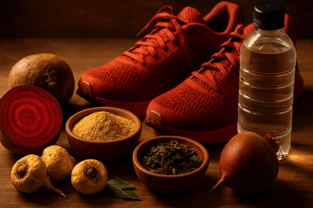 Boost Your Athletic Edge Naturally: How Nutritional Sports Supplements Can Support Endurance and Performance 5 Energizing natural ingredients like maca root, beetroot, and green tea beside athletic gear, symbolizing nutritional sports supplements