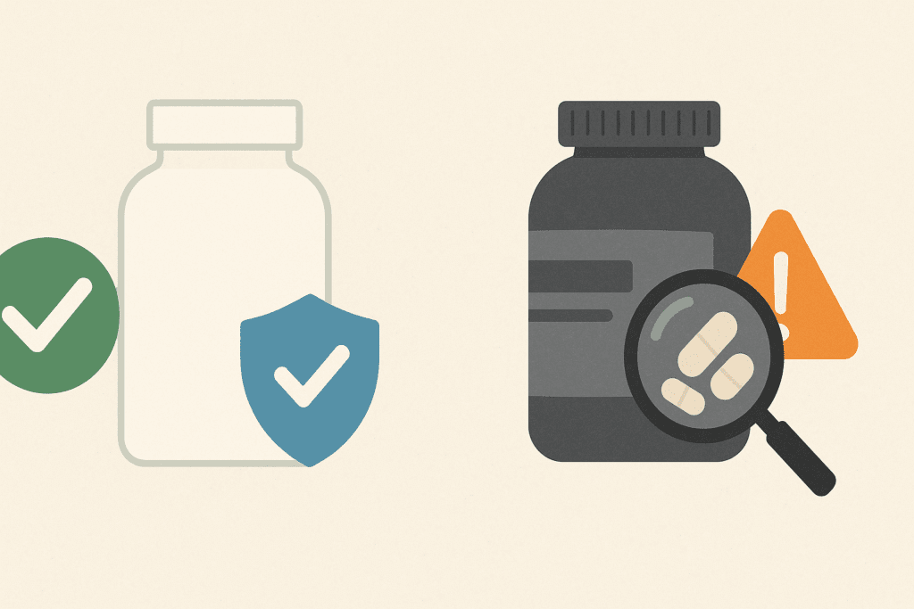 Boost Your Athletic Edge Naturally: How Nutritional Sports Supplements Can Support Endurance and Performance 6 Infographic comparing certified nutritional sports supplements in clean packaging with low-quality, unverified supplements in cluttered containers