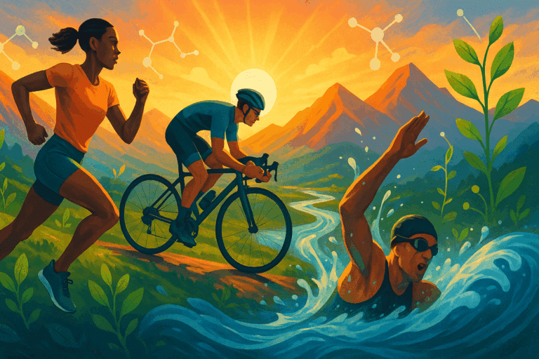 Athletes running, cycling, and swimming at sunrise with molecular graphics and nature elements, symbolizing nutritional sports supplements in action