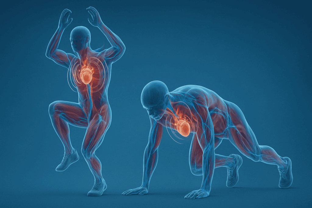 Transparent male figures performing bodyweight cardio exercises with highlighted cardiovascular and muscular systems in motion.