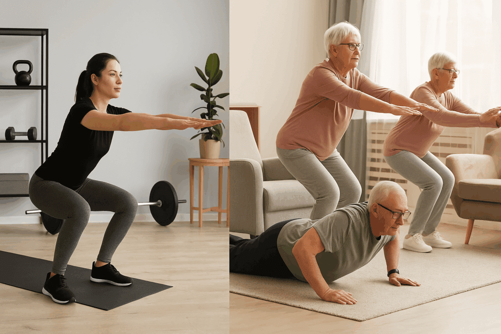 Split-screen of a woman doing air squats at home and seniors performing joint-friendly Bodyweight Cardio Exercises in a wellness center