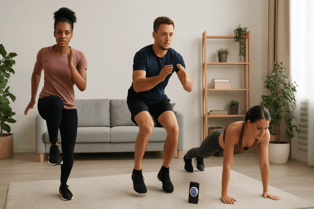 People doing Bodyweight Cardio Exercises like high knees, squat jumps, and push-up planks in a timed home workout circuit.