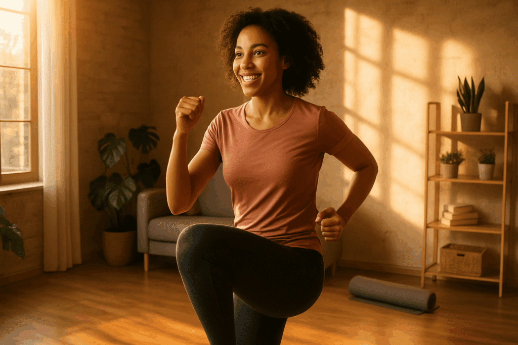 Smiling woman doing bodyweight cardio exercises in a sunlit living room with warm, motivational ambiance