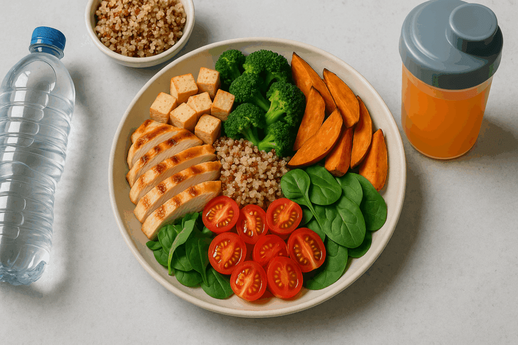 Post-workout meal with grilled chicken, tofu, quinoa, and vegetables supporting recovery after Bodyweight Cardio Exercises
