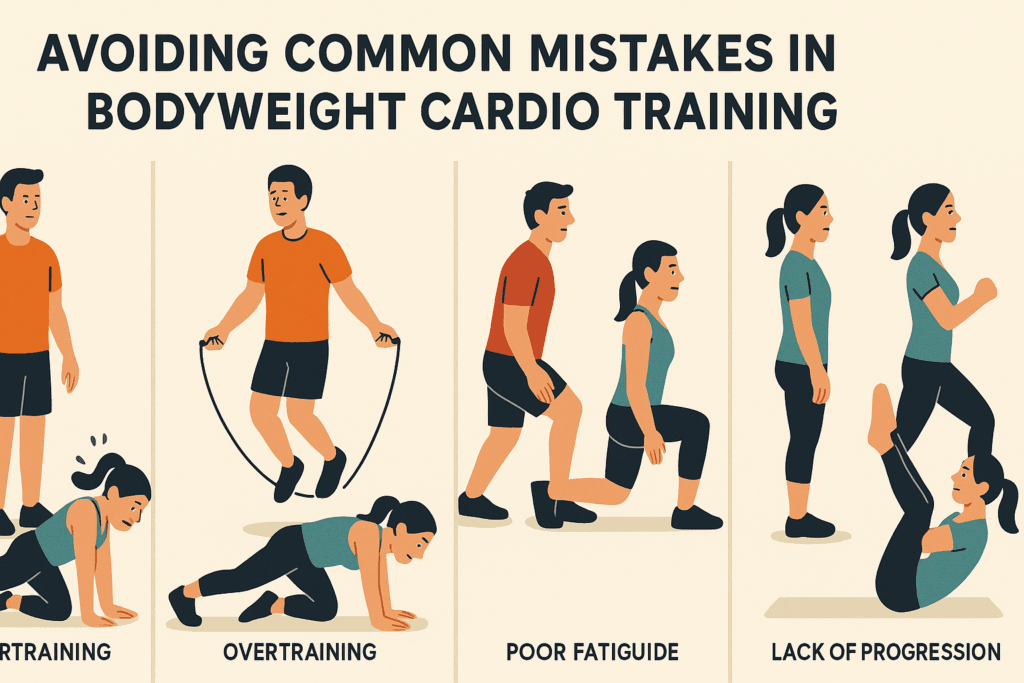 Four-panel infographic showing common mistakes and corrections in Bodyweight Cardio Exercises, including skipping warm-ups, overtraining, poor form, and lack of progression