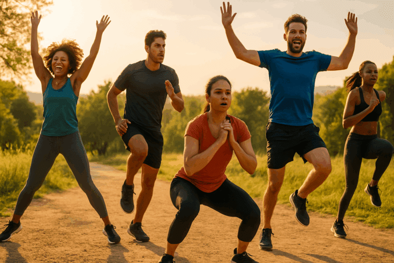 Diverse group doing Bodyweight Cardio Exercises like squats and jumping jacks in a scenic park during golden hour
