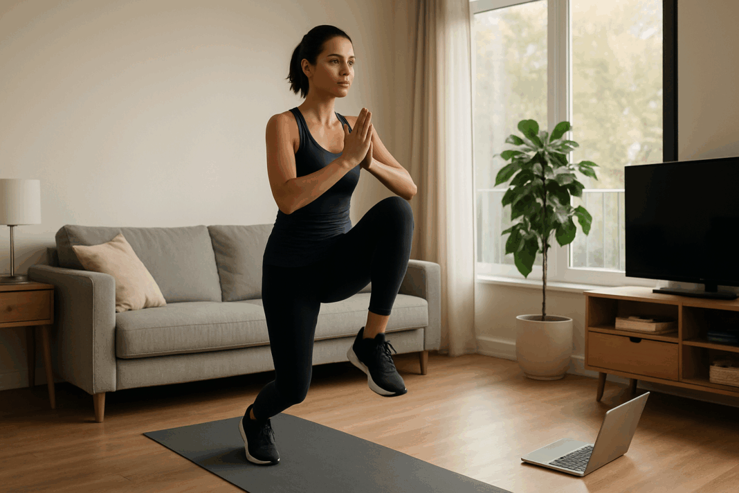 Woman doing Apartment Cardio Exercises on a yoga mat in a sunlit modern living room with wooden floor and indoor plant.