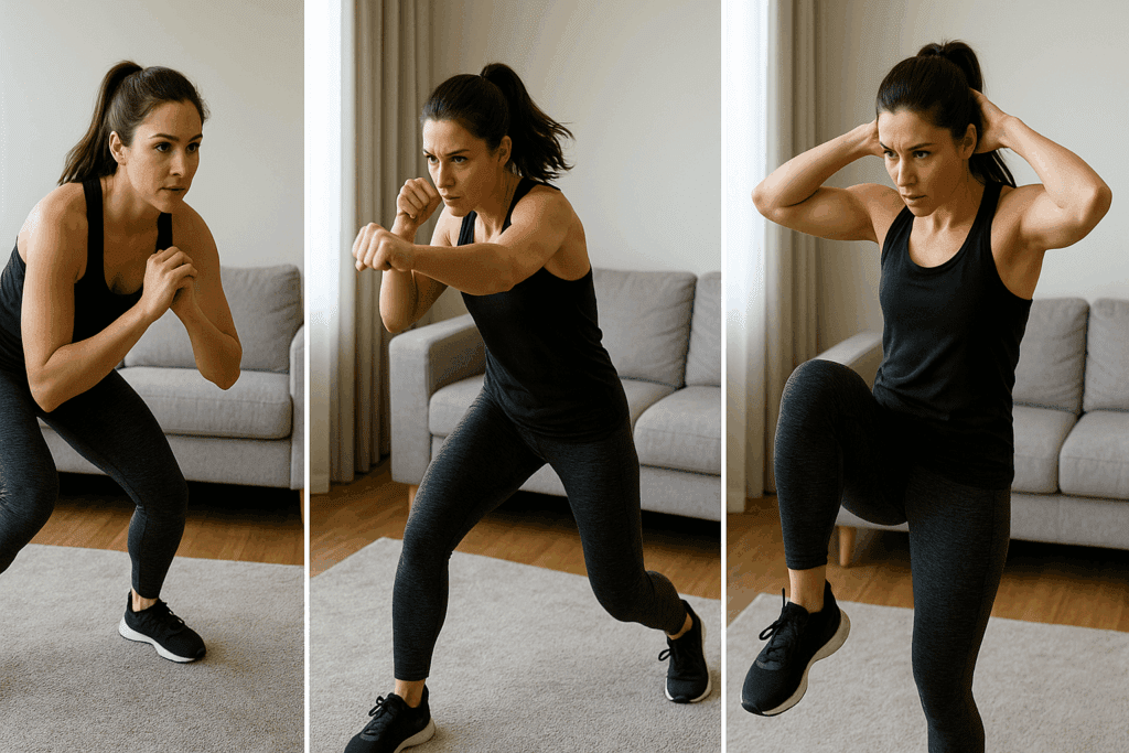 Woman performing apartment cardio exercises including lateral steps, shadowboxing, and standing oblique crunches in a modern living room.