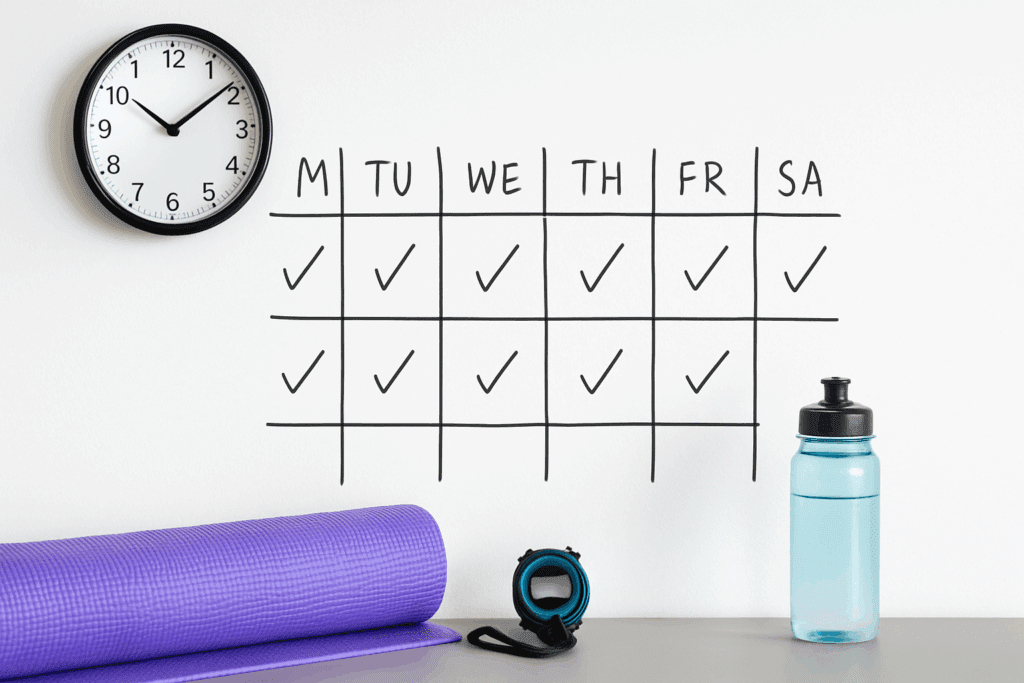 Weekly schedule setup with a clock, yoga mat, stopwatch, and water bottle illustrating consistent Apartment Cardio Exercises routine.