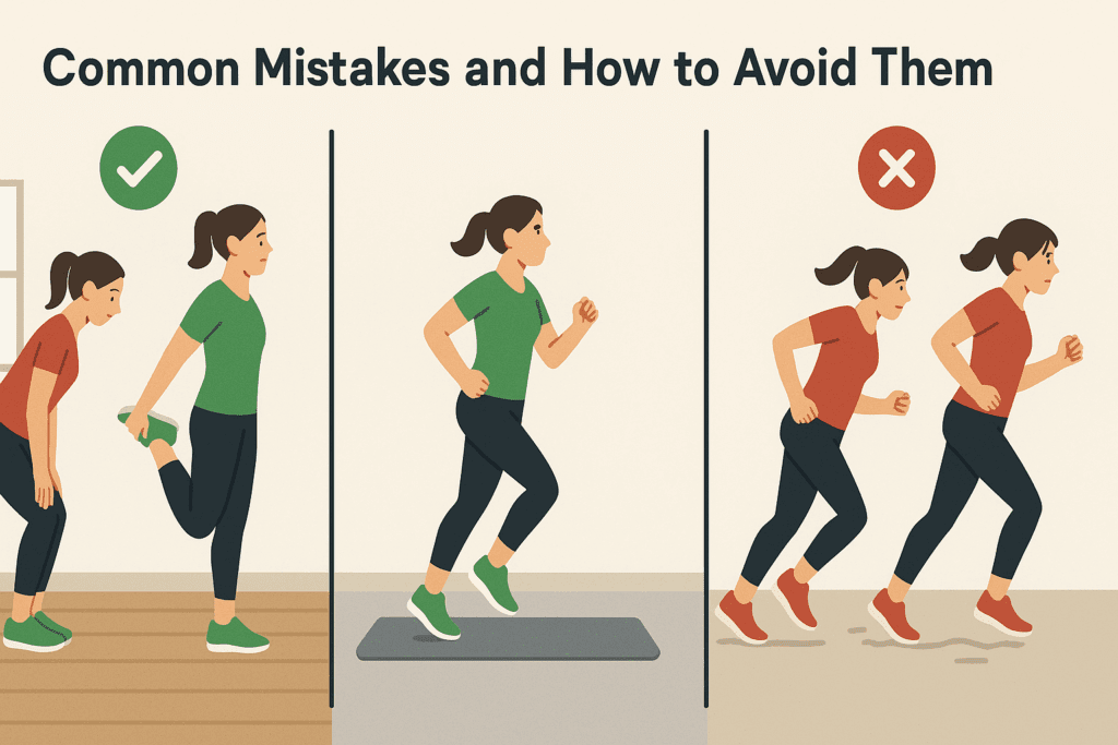 Side-by-side comparison of proper and improper Apartment Cardio Exercises with clear visuals of stretching, surface prep, and posture form