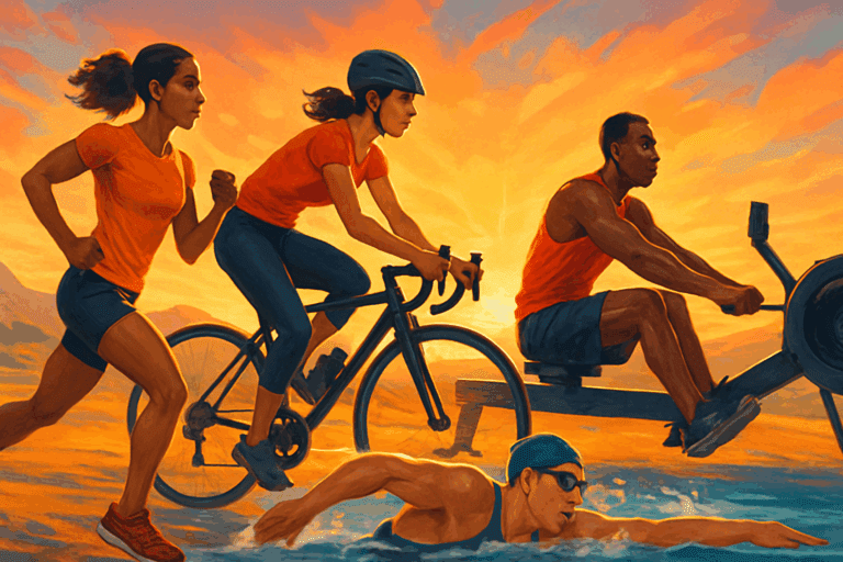 Diverse athletes performing the most efficient cardio workout exercises—running, cycling, rowing, and swimming outdoors at sunrise.