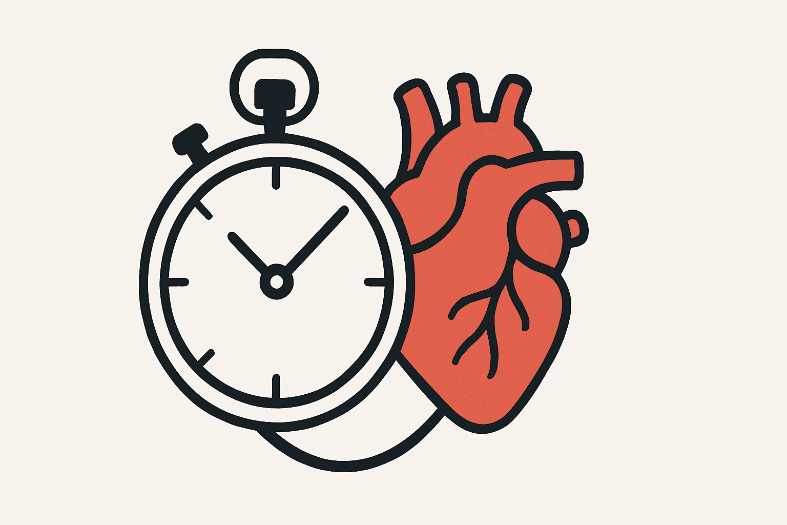Stopwatch intertwined with a healthy heart symbolizing time optimization and heart health benefits for the most efficient cardio workout.