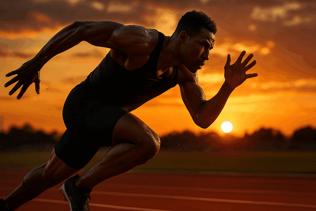 Athlete sprinting at sunset on a track showcasing the intensity and power of the most efficient cardio workout.