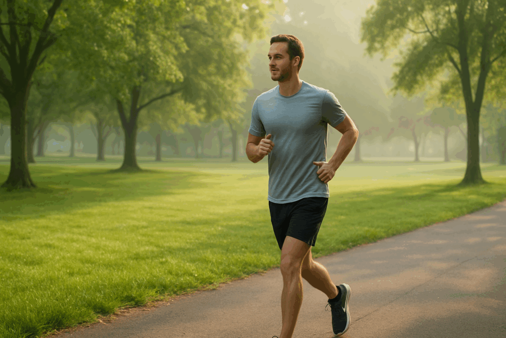Jogger running at an easy pace through a green park in morning light, illustrating the most efficient cardio workout for endurance gains.
