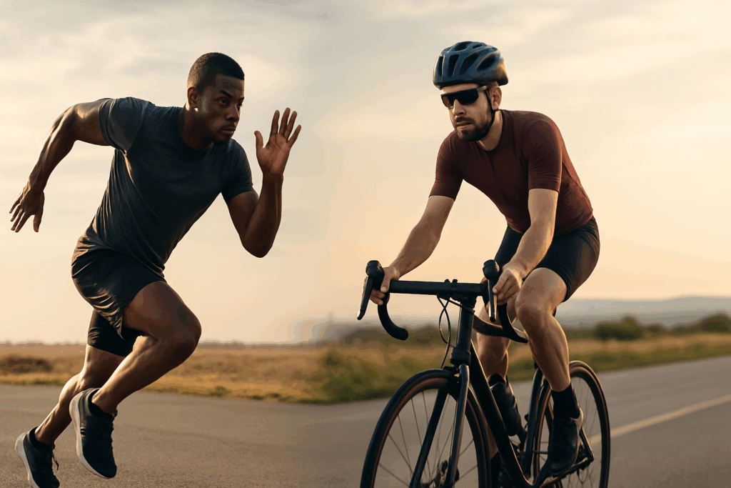 Athlete sprinting and cyclist riding outdoors at sunrise, demonstrating hybrid training for the most efficient cardio workout.
