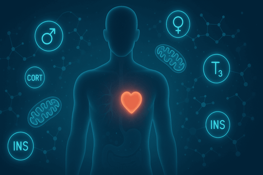Futuristic illustration of a human silhouette with a glowing heart, floating hormones, and mitochondria, symbolizing internal effects of the most efficient cardio workout.