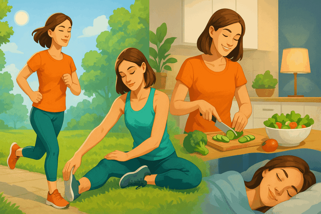Woman demonstrating the most efficient cardio workout through jogging, stretching in a park, preparing a healthy meal, and sleeping peacefully for recovery.