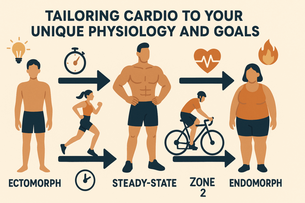 Infographic illustrating the most efficient cardio workout for different body types, showing ectomorphs, mesomorphs, and endomorphs with tailored exercise strategies.