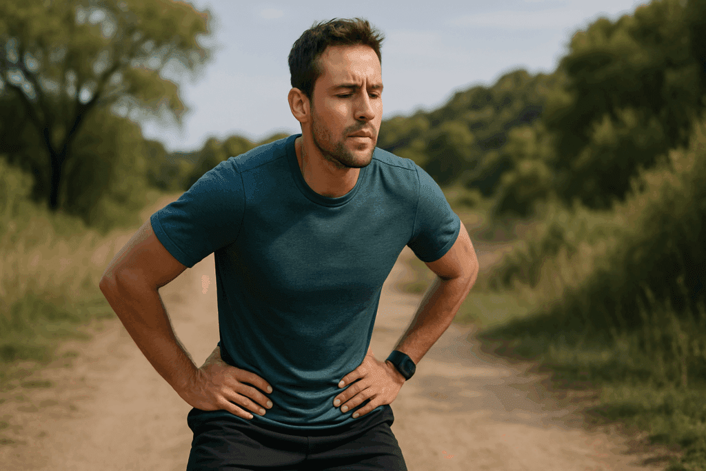 Boost Your Running Endurance: How to Improve Lung Capacity and Stop Getting Out of Breath When Exercising 3 Runner pausing mid-trail, practicing deep breathing techniques to show how to improve lung capacity during exercise in a nature setting