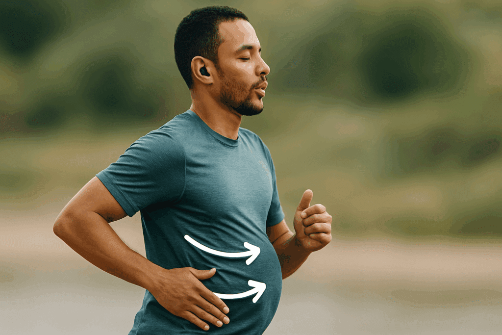 Boost Your Running Endurance: How to Improve Lung Capacity and Stop Getting Out of Breath When Exercising 4 Athlete practicing rhythmic breathing during a run, demonstrating how to improve lung capacity with deep belly expansion and controlled strides.