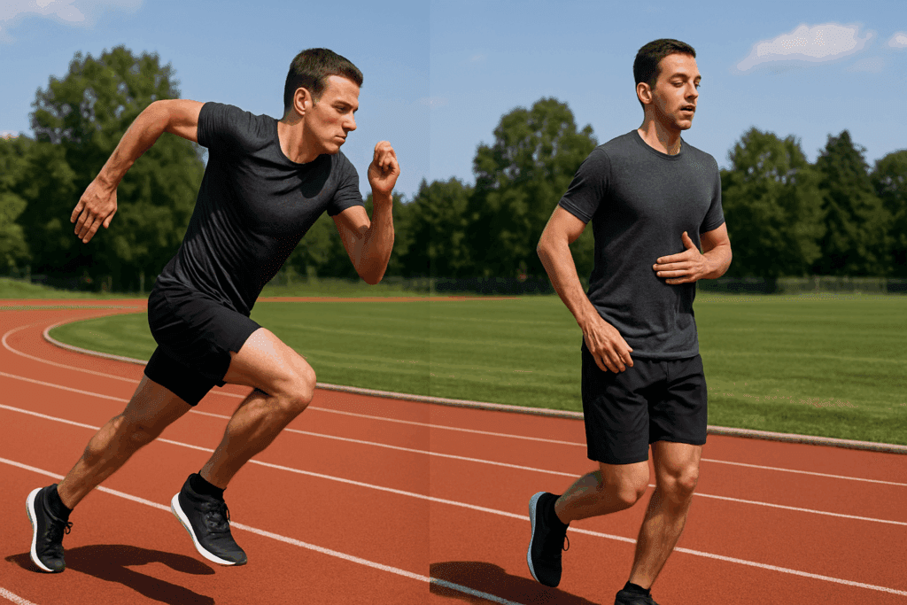 Boost Your Running Endurance: How to Improve Lung Capacity and Stop Getting Out of Breath When Exercising 5 Runner practicing interval sprints on an outdoor track demonstrating how to improve lung capacity through controlled breathing and recovery jogging