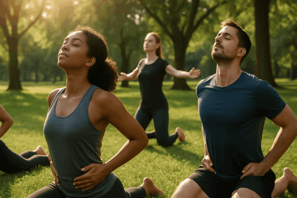 Boost Your Running Endurance: How to Improve Lung Capacity and Stop Getting Out of Breath When Exercising 6 Group of athletes practicing yoga and tai chi outdoors in a park under sunlight, demonstrating how to improve lung capacity through mindful breathing exercises.