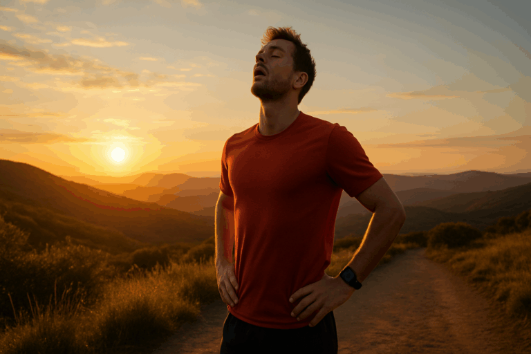 Solo runner breathing deeply on a scenic sunrise trail with rolling hills, symbolizing stamina, endurance, and how to improve lung capacity