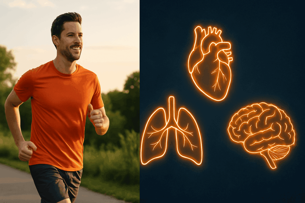 Boost Your Stamina with This Easy 30 Minute Workout: A Beginner-Friendly Routine to Improve Endurance at Home 1 Man jogging outdoors next to glowing icons of heart, lungs, and brain, symbolizing health benefits of a 30 minute beginner workout routine