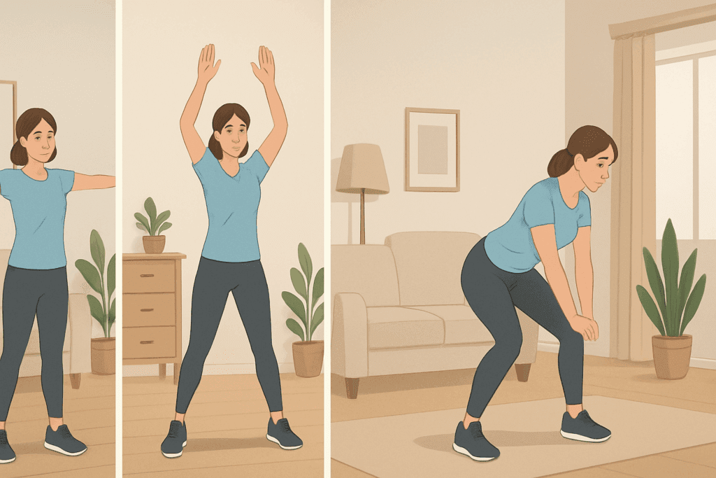 Boost Your Stamina with This Easy 30 Minute Workout: A Beginner-Friendly Routine to Improve Endurance at Home 2 Four-step 30 minute beginner workout routine illustrated with a woman doing arm circles, jumping jacks, squats, and cool-down stretches in a home setting