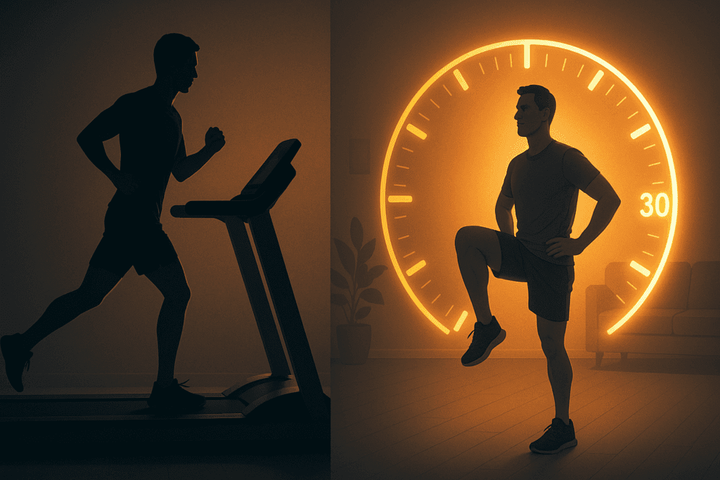 Boost Your Stamina with This Easy 30 Minute Workout: A Beginner-Friendly Routine to Improve Endurance at Home 3 Split-screen showing a person running on a treadmill for an hour and another doing a 30 minute beginner workout routine at home with a glowing timer.