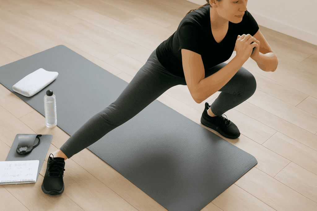 Boost Your Stamina with This Easy 30 Minute Workout: A Beginner-Friendly Routine to Improve Endurance at Home 4 Woman doing side lunges on a yoga mat with towel, timer, water bottle, and notepad nearby as part of a 30 minute beginner workout routine.