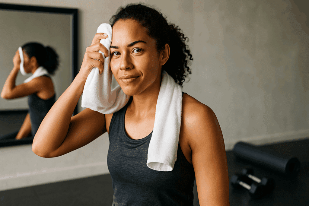 Boost Your Stamina with This Easy 30 Minute Workout: A Beginner-Friendly Routine to Improve Endurance at Home 5 Woman pausing mid 30 minute beginner workout routine, wiping sweat with a towel, looking motivated in gym with fitness gear in background