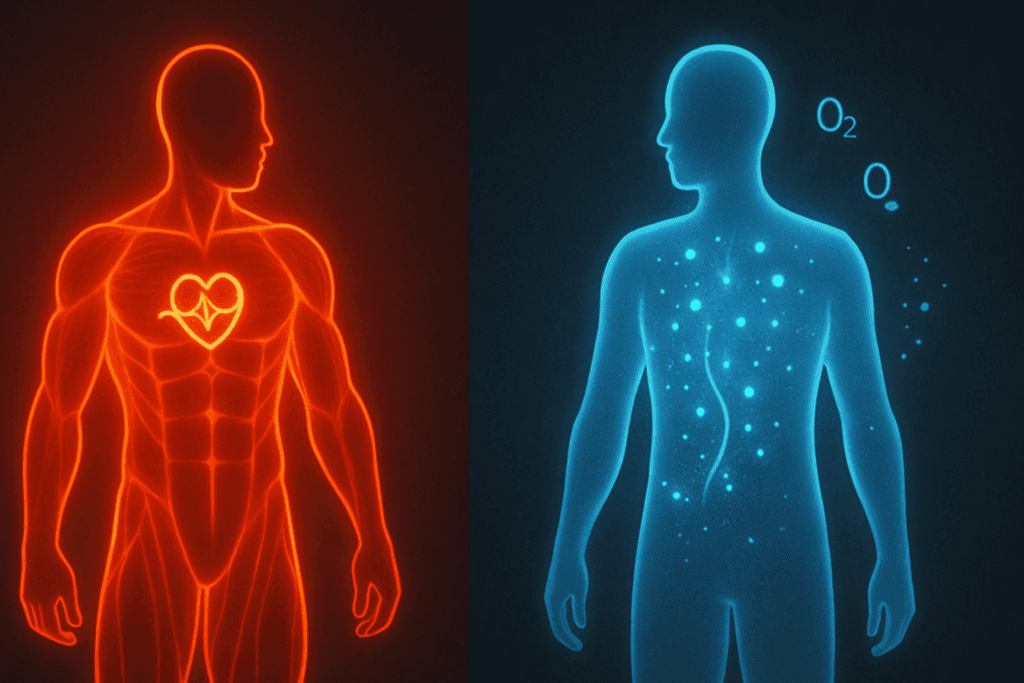 Side-by-side human silhouettes showing muscle activation and recovery benefits of an easy ten minute workout