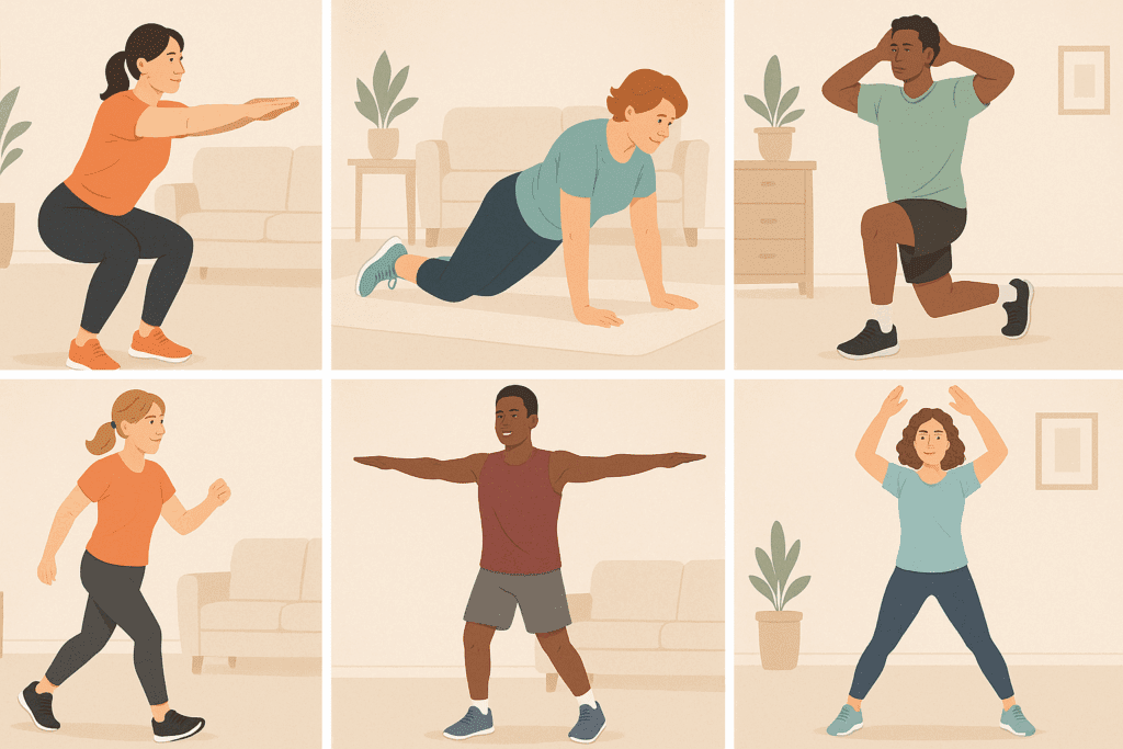 Six diverse people performing squats, modified push-ups, crunches, step-backs, arm circles, and jumping jacks in a home setting for an easy ten minute workout