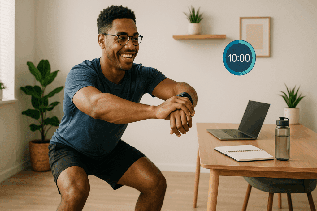 Cheerful young professional doing an easy ten minute workout in a tidy home office between meetings, with a laptop and water bottle nearby.