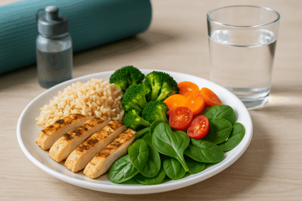 Balanced post-workout meal with grilled chicken, brown rice, colorful vegetables, and water, perfect after an easy ten minute workout