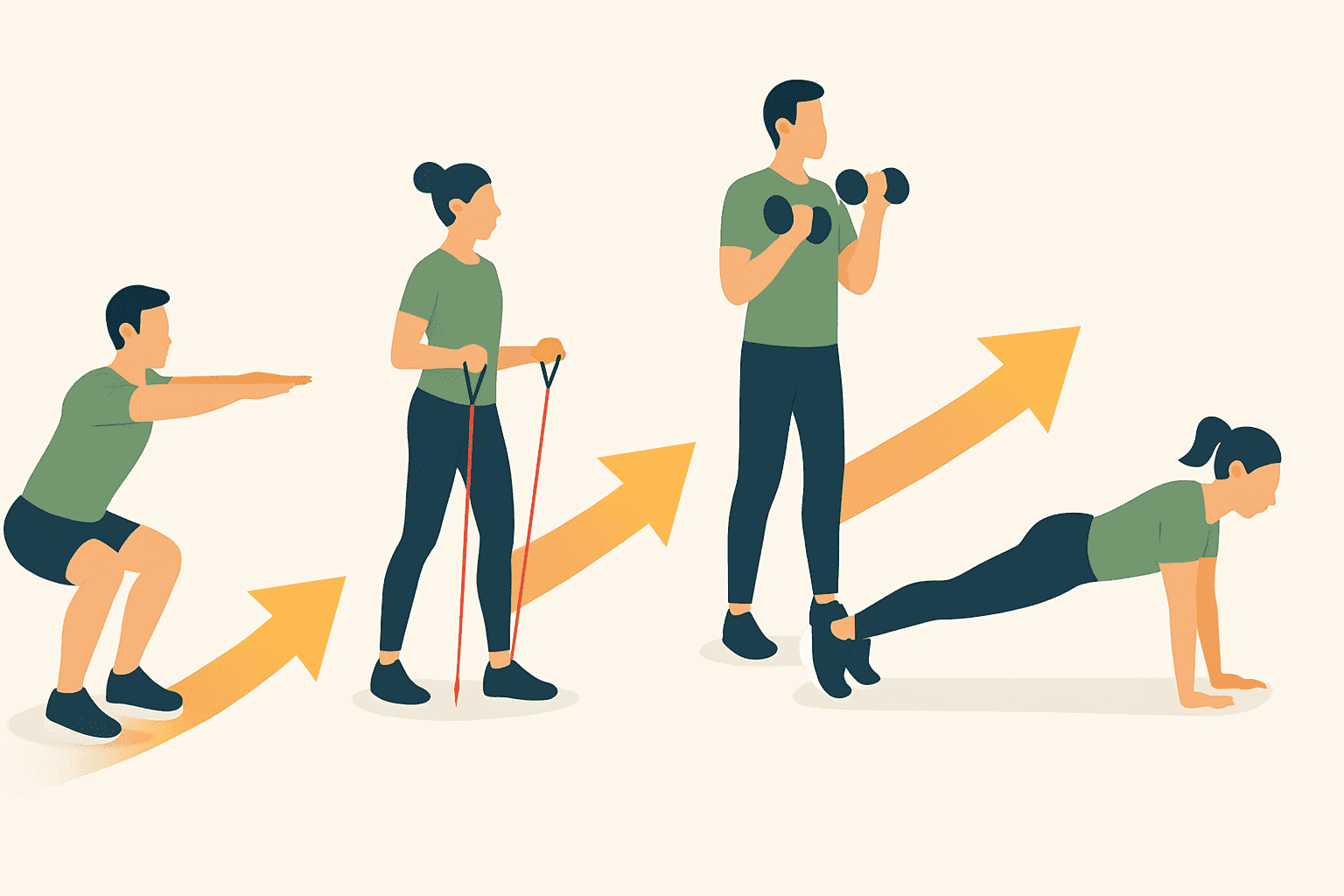 Visual timeline showing an easy ten minute workout progression from bodyweight squats to resistance bands, dumbbells, and advanced planks