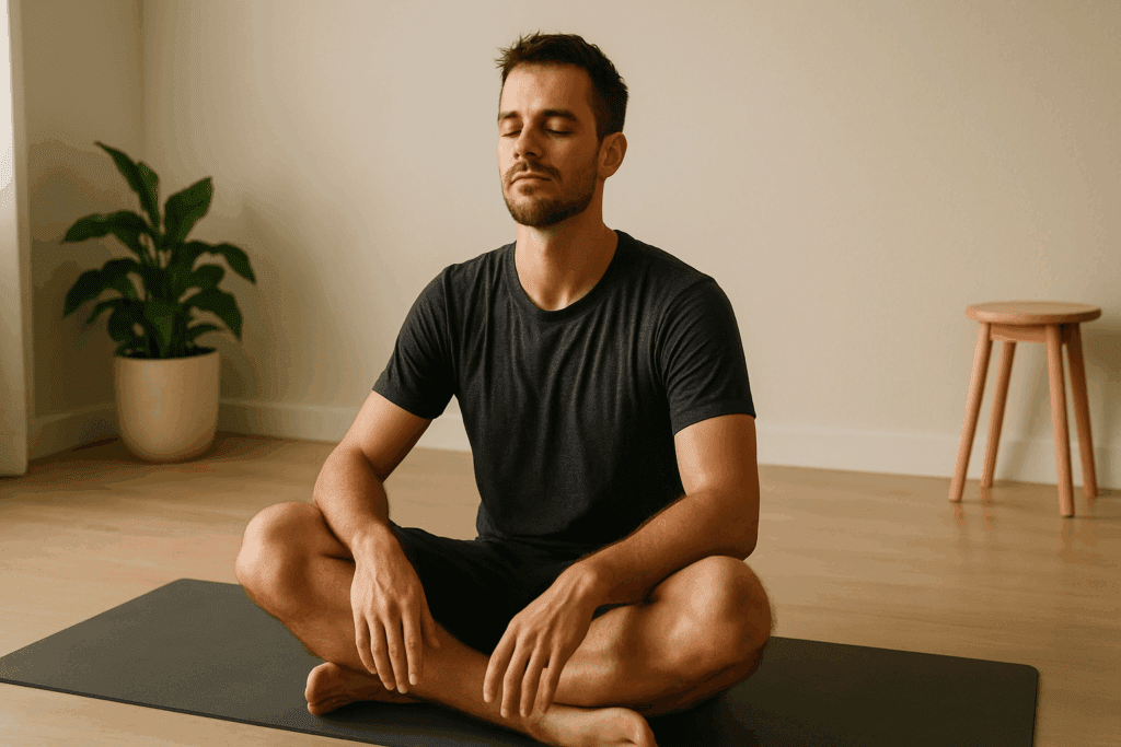 Calm man finishing an easy ten minute workout, sitting cross-legged on a yoga mat in a minimalist room with soft lighting.
