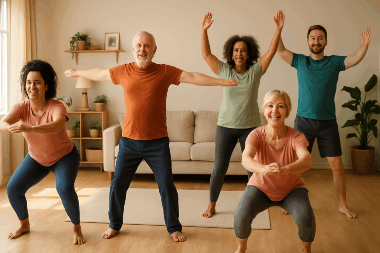 Diverse group of adults smiling while doing an easy ten minute workout with squats and jumping jacks in a cozy, sunlit living room.