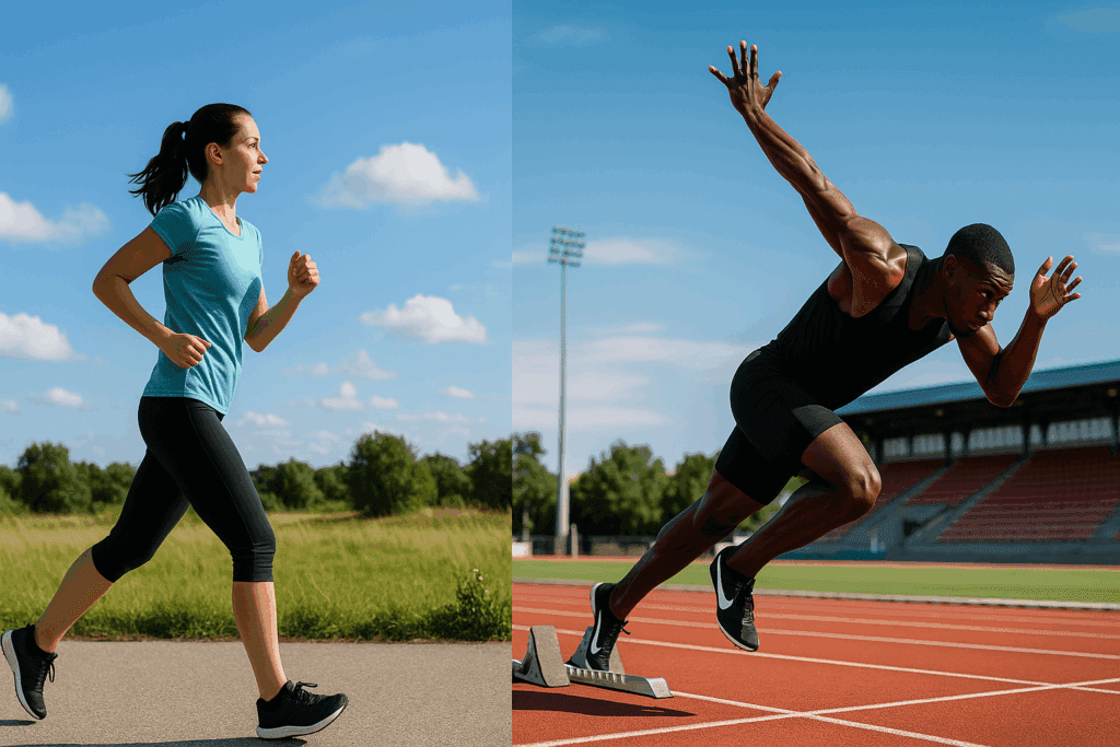 Boost Your Training with These Aerobic and Anaerobic Exercise Examples: How to Build Endurance and Enhance Performance Naturally 1 Runner jogging outdoors under sunny sky and sprinter launching from starting blocks on track, showing aerobic and anaerobic exercise examples