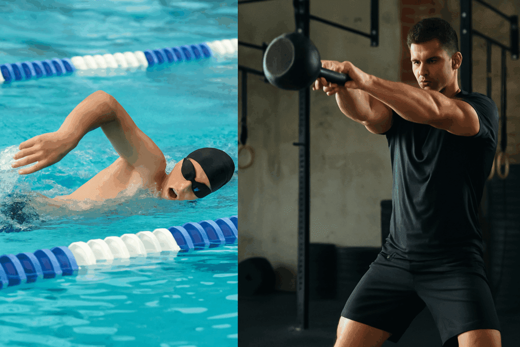 Boost Your Training with These Aerobic and Anaerobic Exercise Examples: How to Build Endurance and Enhance Performance Naturally 2 Swimmer performing laps in a pool and athlete doing kettlebell swings in a gym, illustrating aerobic and anaerobic exercise examples.