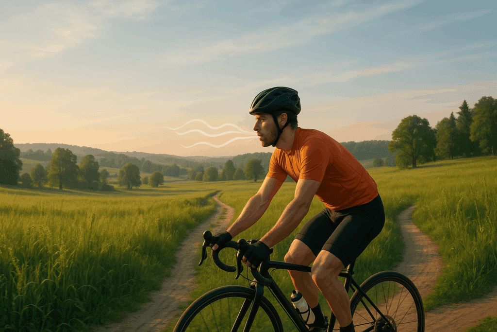 Boost Your Training with These Aerobic and Anaerobic Exercise Examples: How to Build Endurance and Enhance Performance Naturally 3 Cyclist riding through a lush countryside trail at sunrise, illustrating aerobic and anaerobic exercise examples for endurance and stamina training.