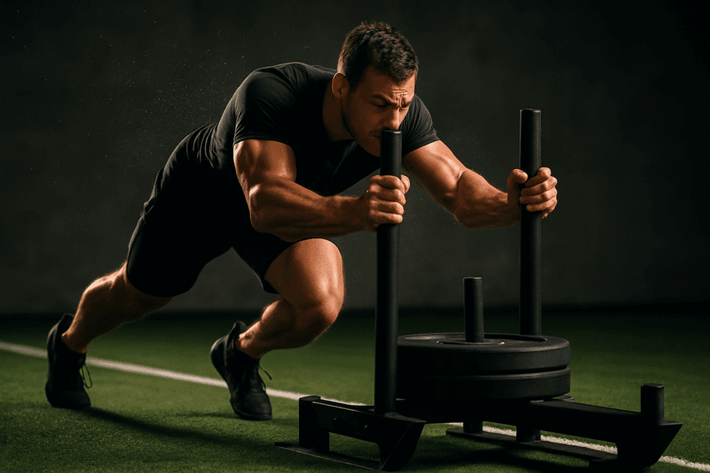 Boost Your Training with These Aerobic and Anaerobic Exercise Examples: How to Build Endurance and Enhance Performance Naturally 4 Athlete demonstrating aerobic and anaerobic exercise examples by pushing a weighted sled across turf, showcasing intense muscular effort and sweat