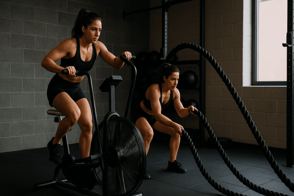 Boost Your Training with These Aerobic and Anaerobic Exercise Examples: How to Build Endurance and Enhance Performance Naturally 5 Woman demonstrating aerobic and anaerobic exercise examples by cycling and using battle ropes in a modern gym setting
